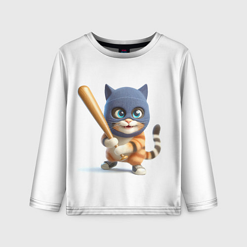 Детский лонгслив Прикольный котёнок с бейсбольной битой и в балакла / 3D-принт – фото 1