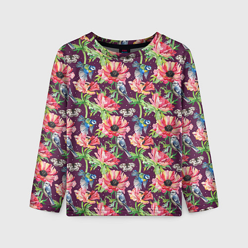 Детский лонгслив Птицы и цветы / 3D-принт – фото 1