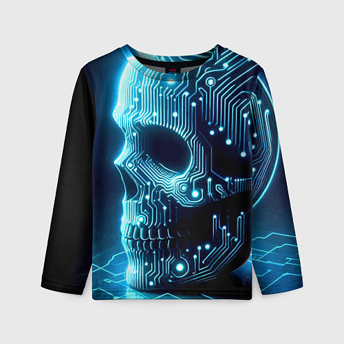 Детский лонгслив Cyber neon skull - ai art с дорожками на плате / 3D-принт – фото 1