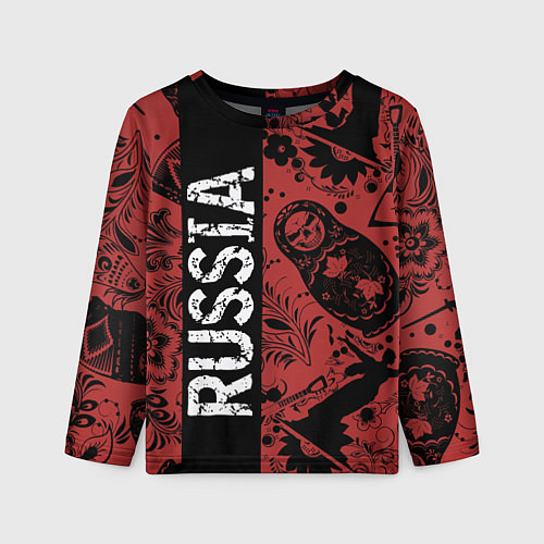 Детский лонгслив Россия на фоне матрёшек балалайки и славянских узо / 3D-принт – фото 1