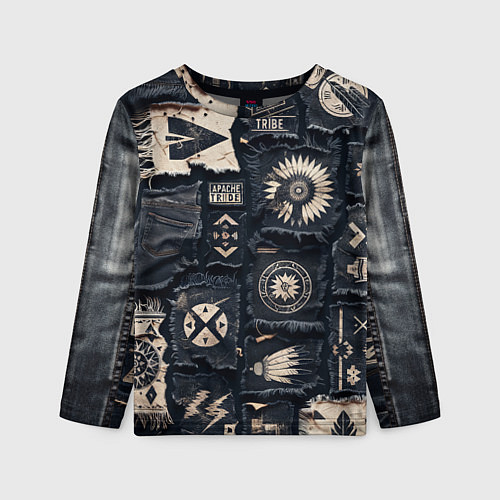 Детский лонгслив Знаки Апачи на пэчворк дениме / 3D-принт – фото 1