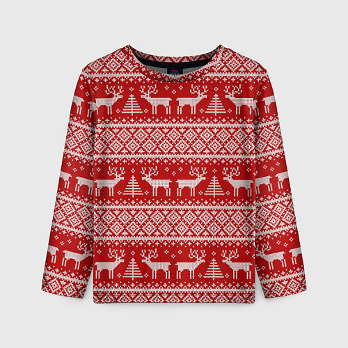 Детский лонгслив Вязаный новогодний орнамент с оленями и ёлками / 3D-принт – фото 1