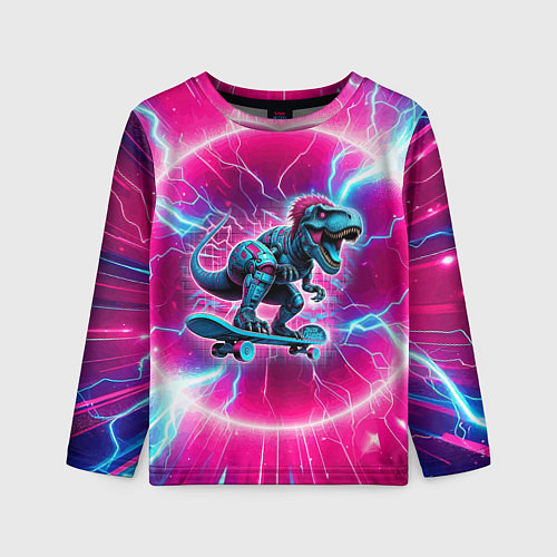 Детский лонгслив Cyber tyrannosaurus is a cool skateboarder / 3D-принт – фото 1