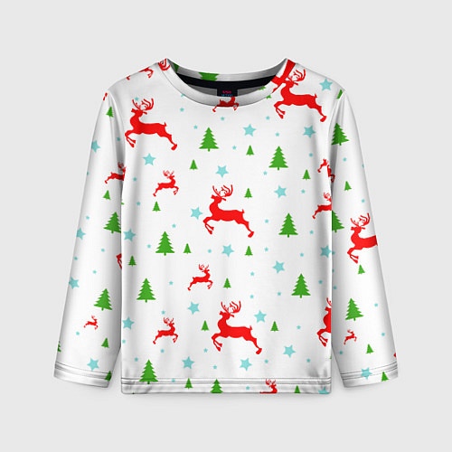 Детский лонгслив Новогодние олени с ёлками / 3D-принт – фото 1