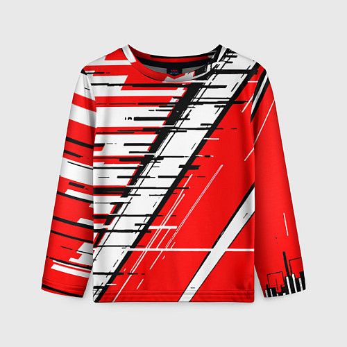 Детский лонгслив Чёрно-белые глитч полосы на красном фоне / 3D-принт – фото 1