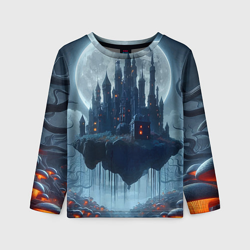 Детский лонгслив Замок Дракулы и неоновые грибы - нейроарт фантазия / 3D-принт – фото 1