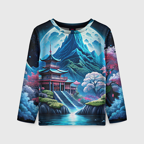 Детский лонгслив Пейзаж Японии и горы / 3D-принт – фото 1