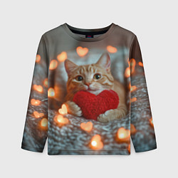 Лонгслив детский Рыжий кот держит сердечко, цвет: 3D-принт