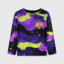 Лонгслив детский Черно-фиолетовый камуфляж и золотой герб РФ, цвет: 3D-принт