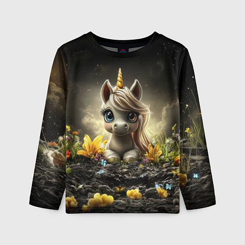 Детский лонгслив Белая единорожка на черном фоне / 3D-принт – фото 1