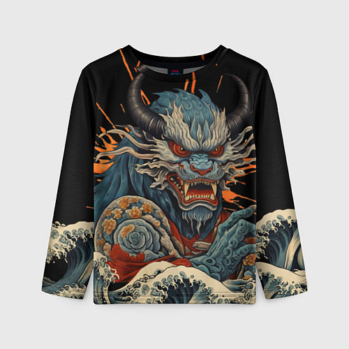 Детский лонгслив Японский дракон и волны в стиле тату ирезуми / 3D-принт – фото 1