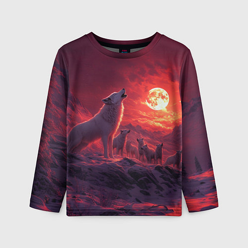 Детский лонгслив Белый волк воет на луну / 3D-принт – фото 1