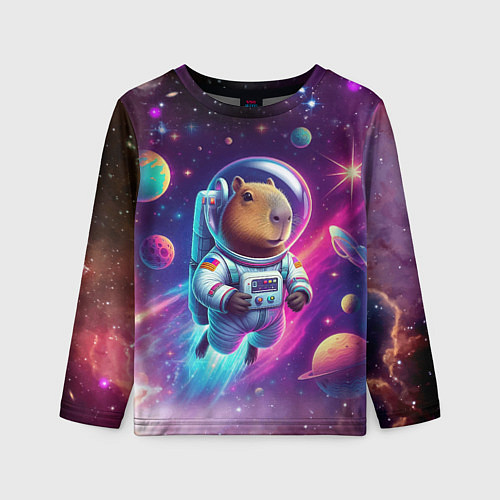 Детский лонгслив Космонавт капибара в неоновом космосе / 3D-принт – фото 1