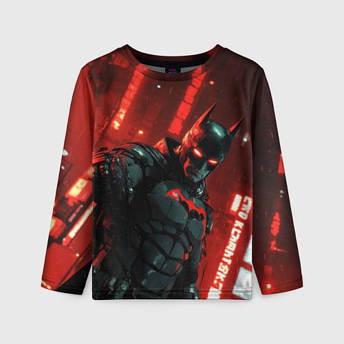 Детский лонгслив Черный Бэтмен на фоне красного города / 3D-принт – фото 1