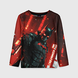 Детский лонгслив Черный Бэтмен на фоне красного города