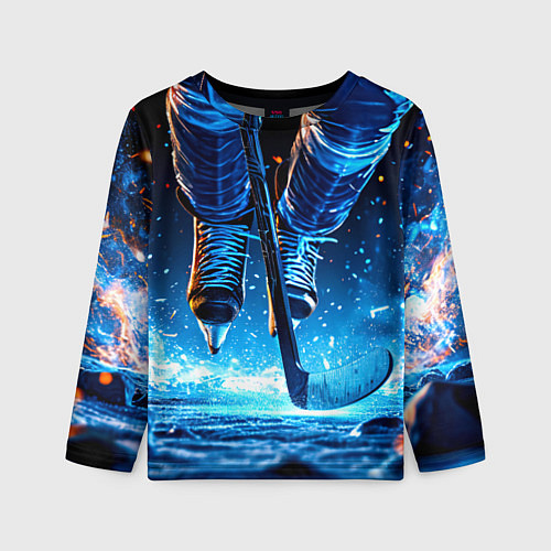 Детский лонгслив Хоккеист в синем пламени / 3D-принт – фото 1