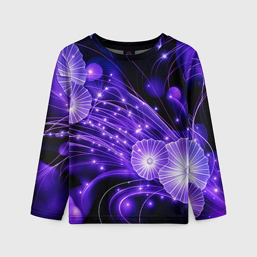 Детский лонгслив Силуэты цветов на темном фоне - фиолетовое свечени / 3D-принт – фото 1