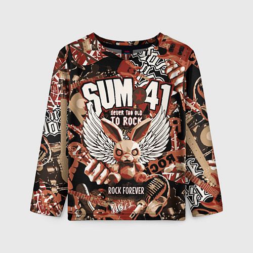 Детский лонгслив Sum 41 на фоне кролика и гитар / 3D-принт – фото 1
