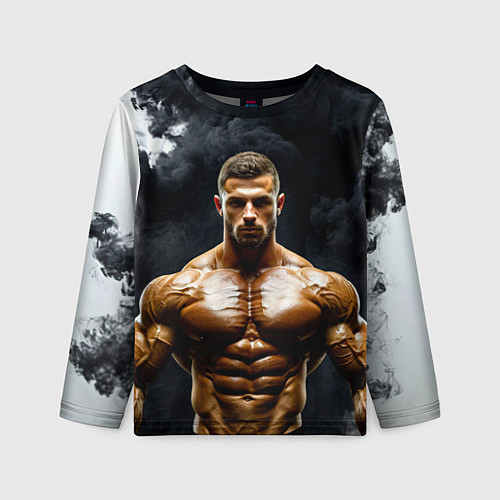 Детский лонгслив Бодибилдер в черном дыму / 3D-принт – фото 1