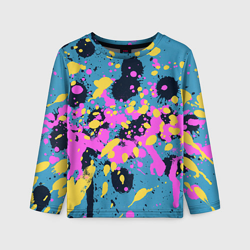 Детский лонгслив Брызги краски розовой желтой и темно синей / 3D-принт – фото 1