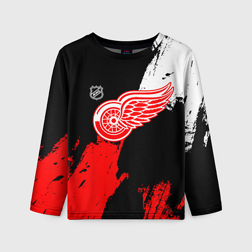 Детский лонгслив Детройт Ред Уингз - брызги краска на черном фоне / 3D-принт – фото 1