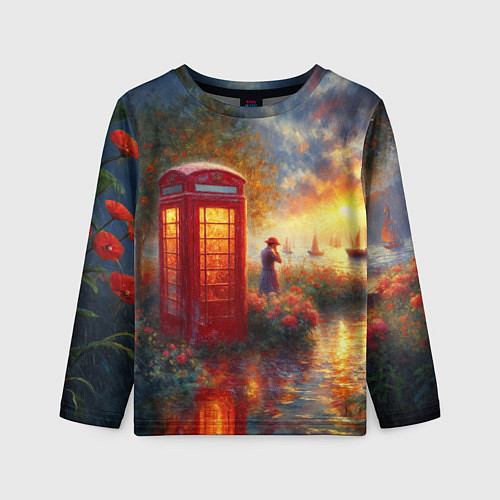 Детский лонгслив Пейзаж с красной телефонной будкой / 3D-принт – фото 1