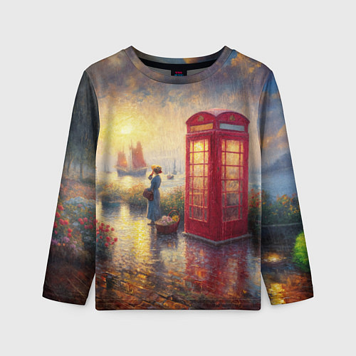 Детский лонгслив Женщина у телефонной будки на набережной / 3D-принт – фото 1