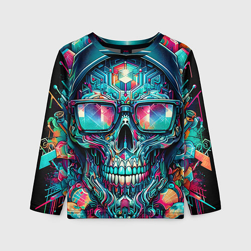 Детский лонгслив Кибер череп в балахоне и очках - нейроарт фантазия / 3D-принт – фото 1