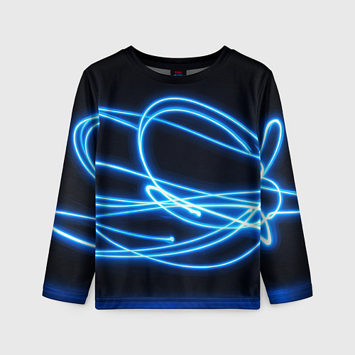 Детский лонгслив Неоновые голубые волны на черном фоне / 3D-принт – фото 1