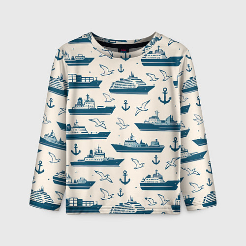 Детский лонгслив Морской паттерн из чаек, якорей и кораблей / 3D-принт – фото 1