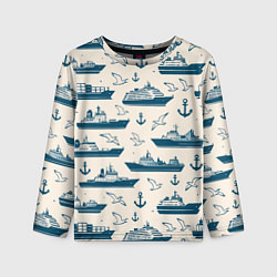Лонгслив детский Морской паттерн из чаек, якорей и кораблей, цвет: 3D-принт