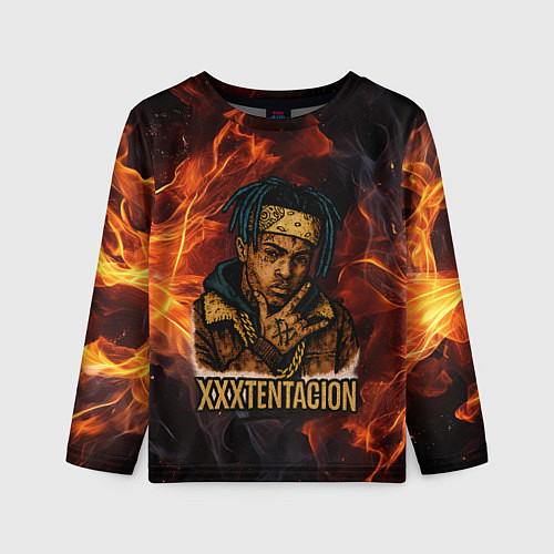 Детский лонгслив XXXTentacion на фоне огня / 3D-принт – фото 1