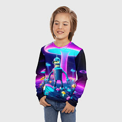Лонгслив детский Робот-сгибальщик Бендер на поляне неоновых грибов, цвет: 3D-принт — фото 2