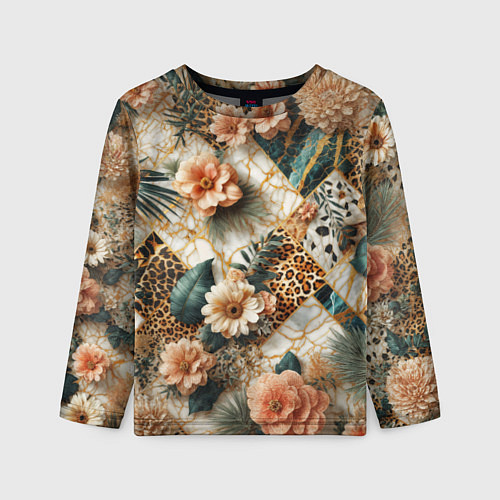 Детский лонгслив Цветы на кусках мрамора и леопардовом узоре / 3D-принт – фото 1