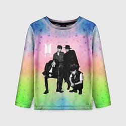 Лонгслив детский BTS черно-белый стиль на радужном фоне, цвет: 3D-принт