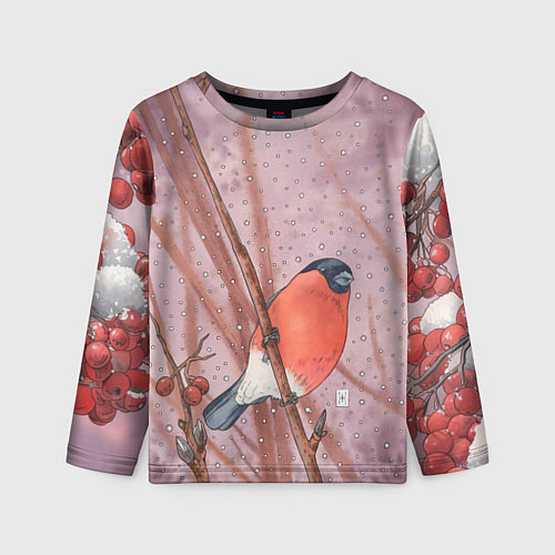 Детский лонгслив Акварельный снегирь в рябине / 3D-принт – фото 1