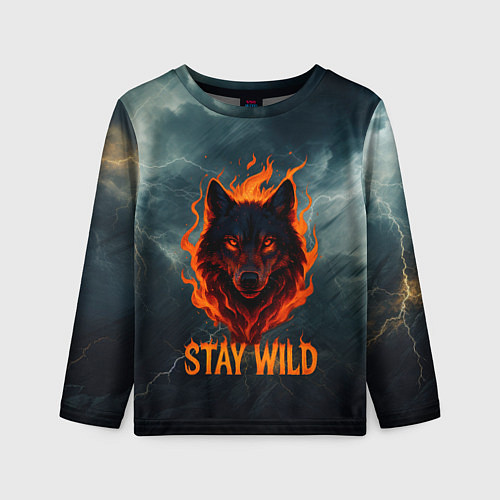 Детский лонгслив Stay wild волк в огне / 3D-принт – фото 1