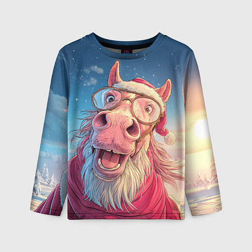 Детский лонгслив Радостный новогодний конь / 3D-принт – фото 1