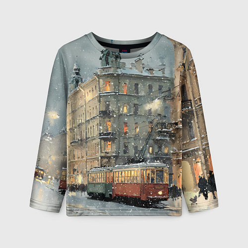 Детский лонгслив Трамваи в зимнем Санкт-Петербурге / 3D-принт – фото 1