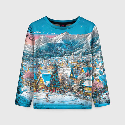 Детский лонгслив Новогодняя деревушка в горах / 3D-принт – фото 1