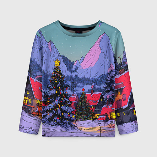Детский лонгслив Новогодние елки в горном городке / 3D-принт – фото 1