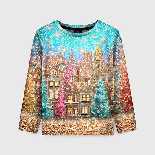 Детский лонгслив Новогодний город в блестках / 3D-принт – фото 1