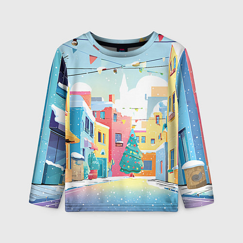 Детский лонгслив Разноцветный новогодний дворик / 3D-принт – фото 1