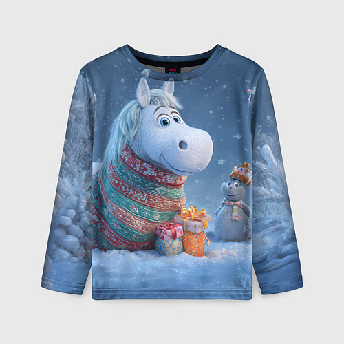 Детский лонгслив Новогодняя лошадь с подарками / 3D-принт – фото 1