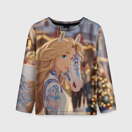 Детский лонгслив Блондинка с новогодней лошадкой / 3D-принт – фото 1