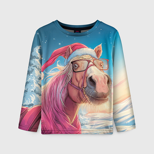 Детский лонгслив Новогодняя лошадь в очках / 3D-принт – фото 1