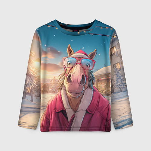Детский лонгслив Удивленная лошадь в очках / 3D-принт – фото 1