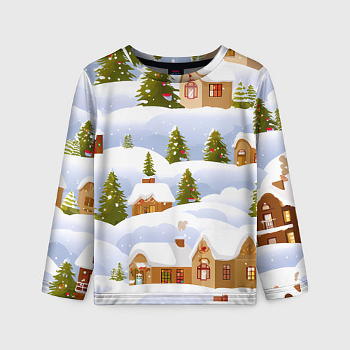 Детский лонгслив Новогодние домики и елочки / 3D-принт – фото 1