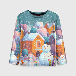 Лонгслив детский Дети во дворе лепят снеговика, цвет: 3D-принт