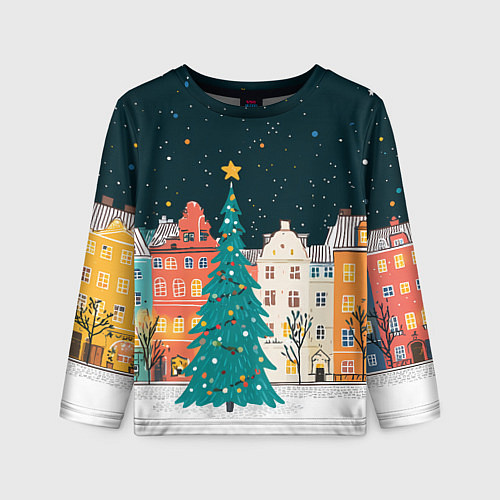 Детский лонгслив Новогодняя ночь в городе / 3D-принт – фото 1